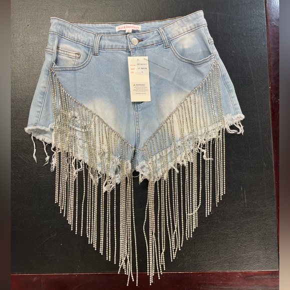 Hot & Delicious Pants - Hot & Delicious denim short with rhinestone fringes.